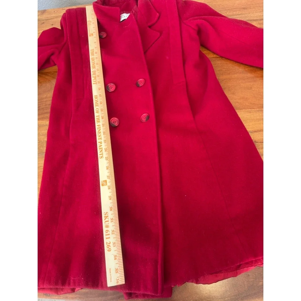 Vintage 80s Trench Pea Coat Cherry Red Boxy‎ Pleated Mid Wool Medium Petite